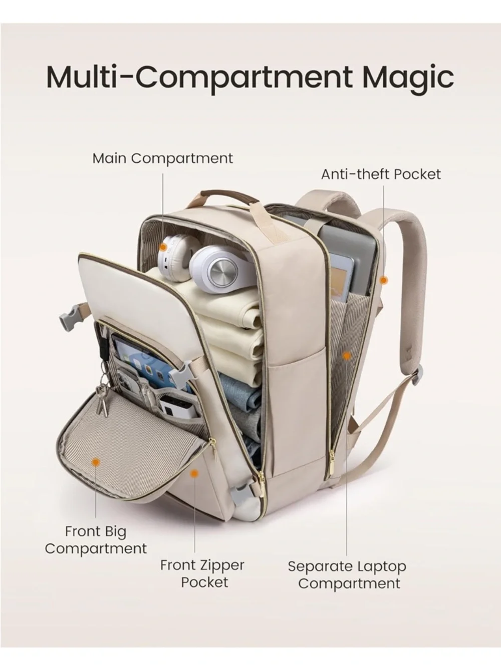 Unbranded Cream & Beige Travel Backpack with Gold Accents